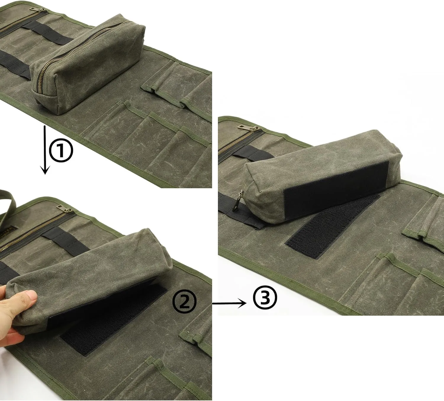 Waxed Canvas Multi-Purpose Waterpoof Tool Organizer Bags, Portable Carry On Pouch with 1 Small Detachable Tool pouch and 1 Zipper Pockets, 24.5" X 10.5"|ArmyGreen