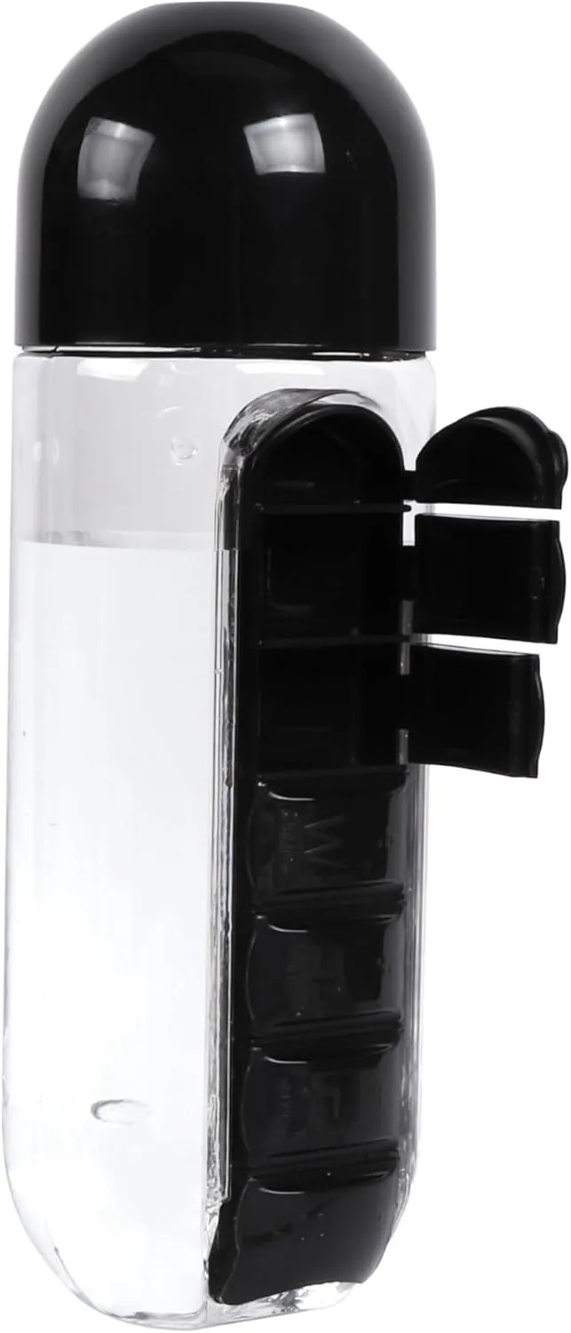 Weekly Pill Box & Water Bottle 7 Day Pill Case Portable Storage Pill Box of Daily Fill Medicine Separated Pill Cases Design, Black