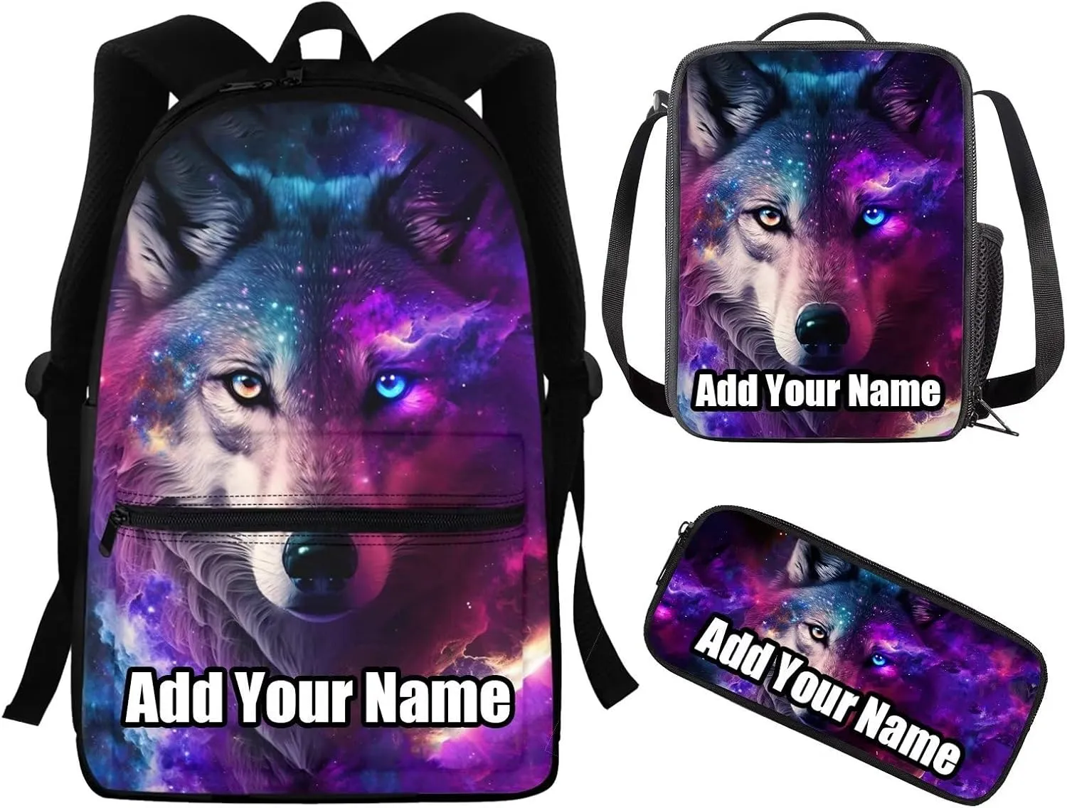WELLFLYHOM Custom Backpack Wolf School Bag with Your Name/Text 3 In 1 Middle High School Bookbag with Lunch Box Pencil Case Personalized Schoolbag Back Packs for Elementary School Kids Boy Daycare