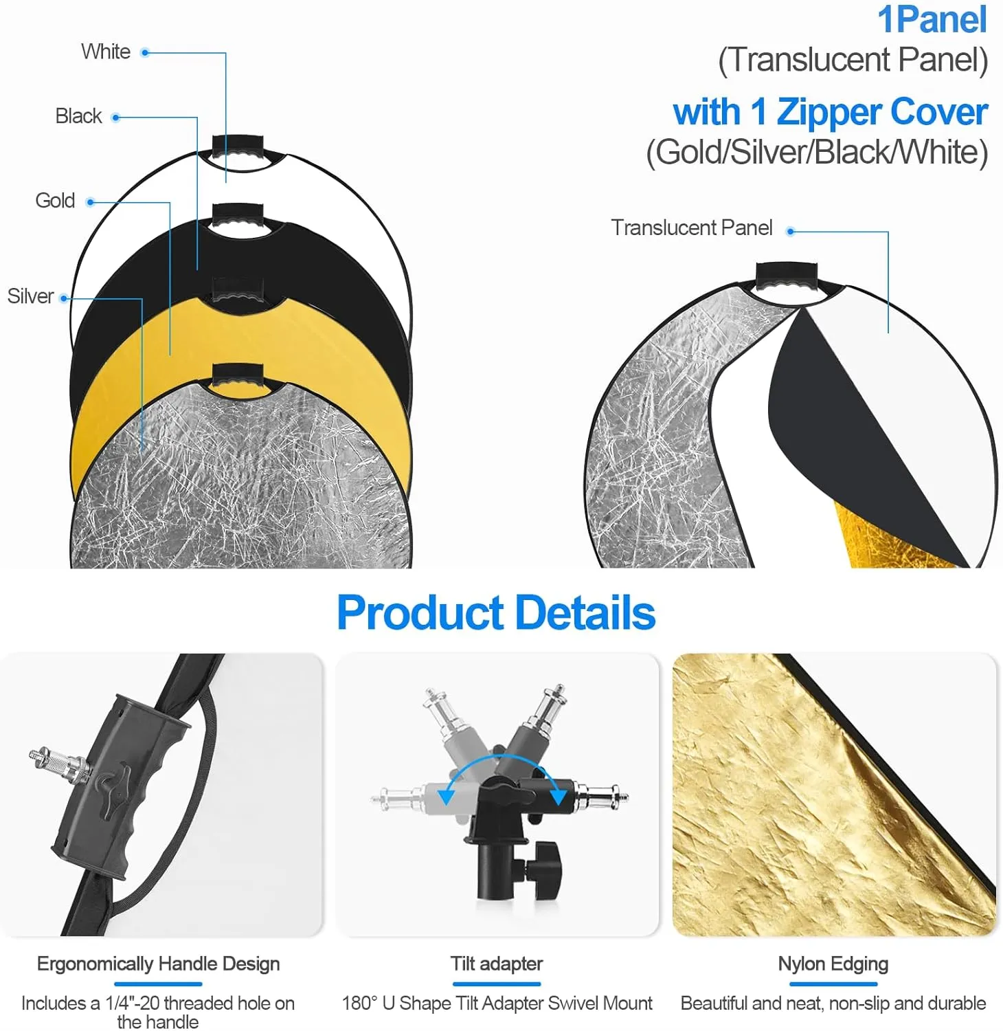 Wellmaking 43Inch/110cm Photography Light Reflector, Portable Foldable 5 in 1 Diffuser Reflectors with Bag & tilt Adapter for Studio & Outdoor Lighting-Translucent, Silver, Gold, White and Black