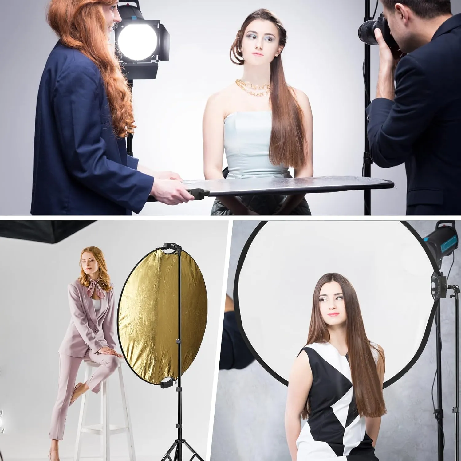 Wellmaking 43Inch/110cm Photography Light Reflector, Portable Foldable 5 in 1 Diffuser Reflectors with Bag & tilt Adapter for Studio & Outdoor Lighting-Translucent, Silver, Gold, White and Black