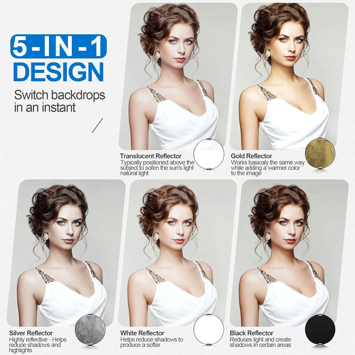 Wellmaking 43Inch/110cm Photography Light Reflector, Portable Foldable 5 in 1 Diffuser Reflectors with Bag & tilt Adapter for Studio & Outdoor Lighting-Translucent, Silver, Gold, White and Black