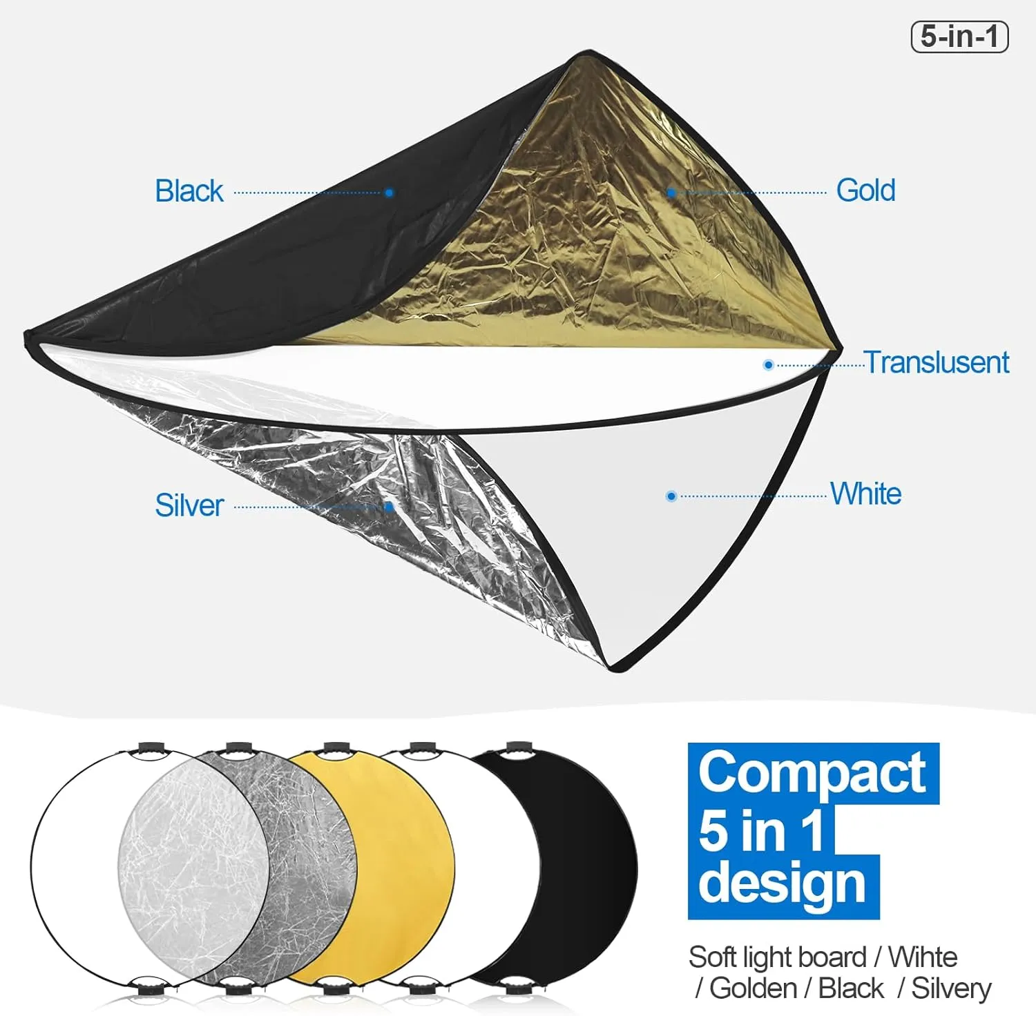 Wellmaking 43Inch/110cm Photography Light Reflector, Portable Foldable 5 in 1 Diffuser Reflectors with Bag & tilt Adapter for Studio & Outdoor Lighting-Translucent, Silver, Gold, White and Black
