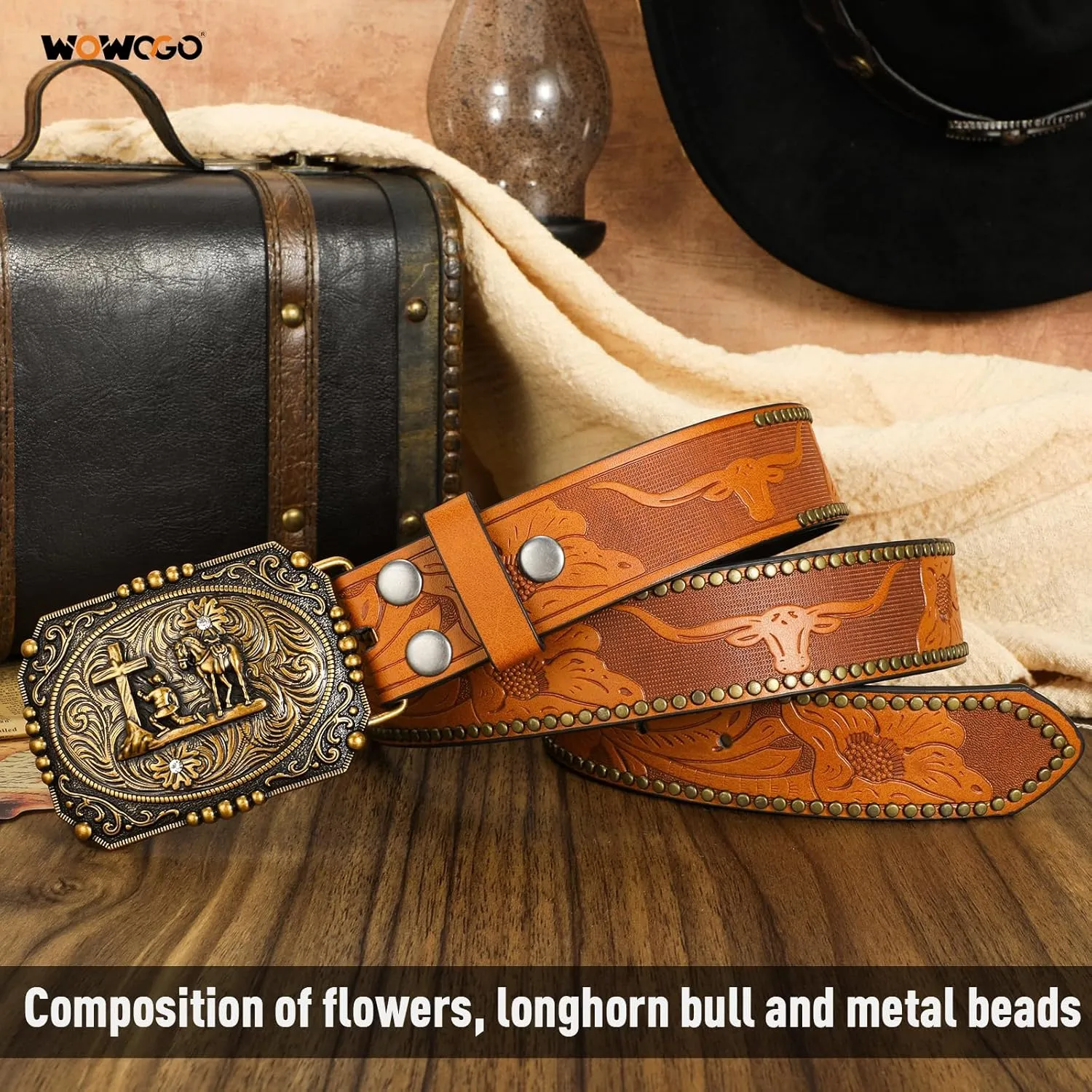 Western Cowboy Cowgirl Belt for Men Women LongHorn Bull Buckle Embossed Leather Belt Rodeo Country Belt