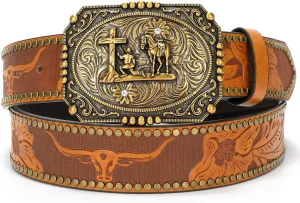 Western Cowboy Cowgirl Belt for Men Women LongHorn Bull Buckle Embossed Leather Belt Rodeo Country Belt