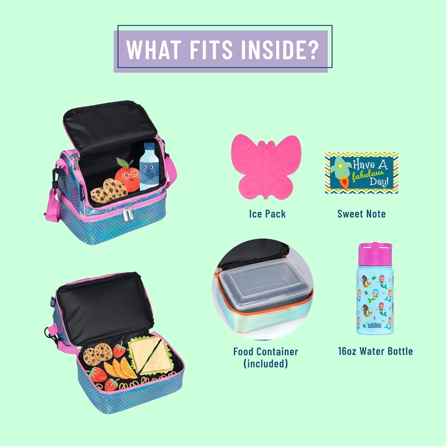 Wildkin Two Compartment Insulated Lunch Bag for Kids – School & Travel Ready - Mermaid Scales