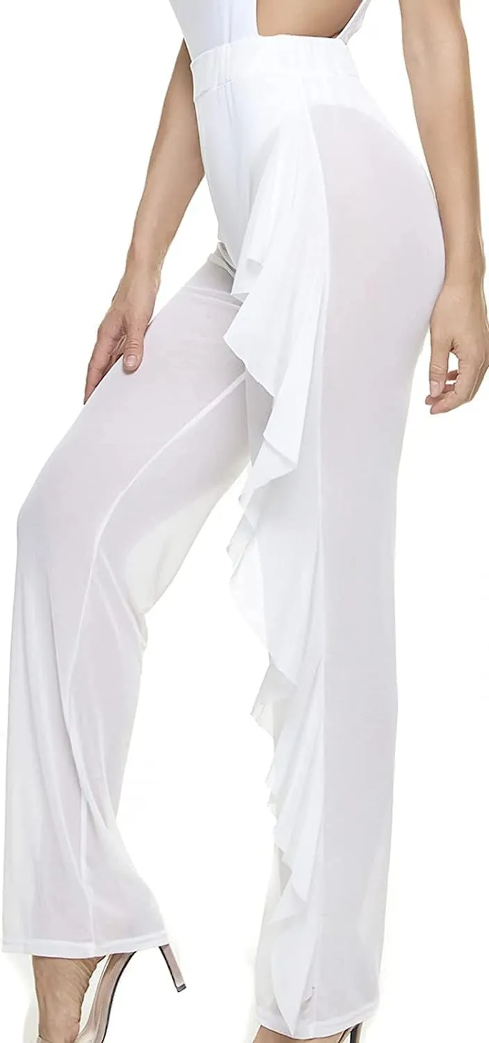 Willow Dance Women's Perspective Sheer Mesh Ruffle Pants Swimsuit Bikini Bottom Cover up Pants