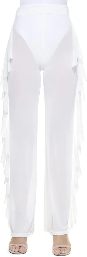 Willow Dance Women's Perspective Sheer Mesh Ruffle Pants Swimsuit Bikini Bottom Cover up Pants