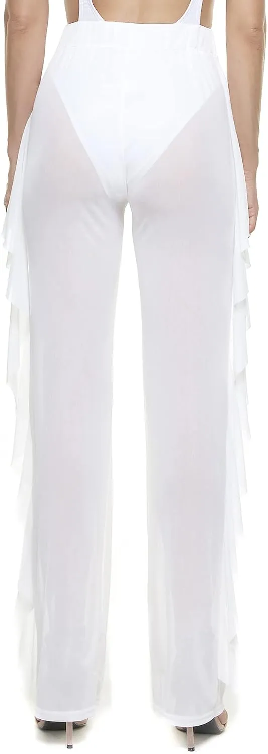 Willow Dance Women's Perspective Sheer Mesh Ruffle Pants Swimsuit Bikini Bottom Cover up Pants