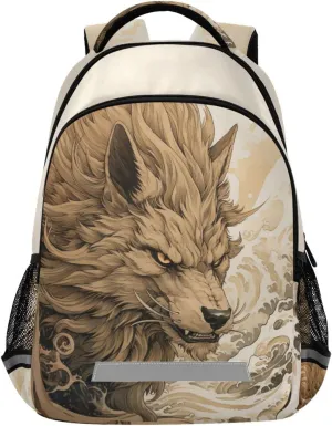 Wolf Backpack for Students Boys Girls Wolf Beast in The Waves School Bag Travel Daypack Rucksack