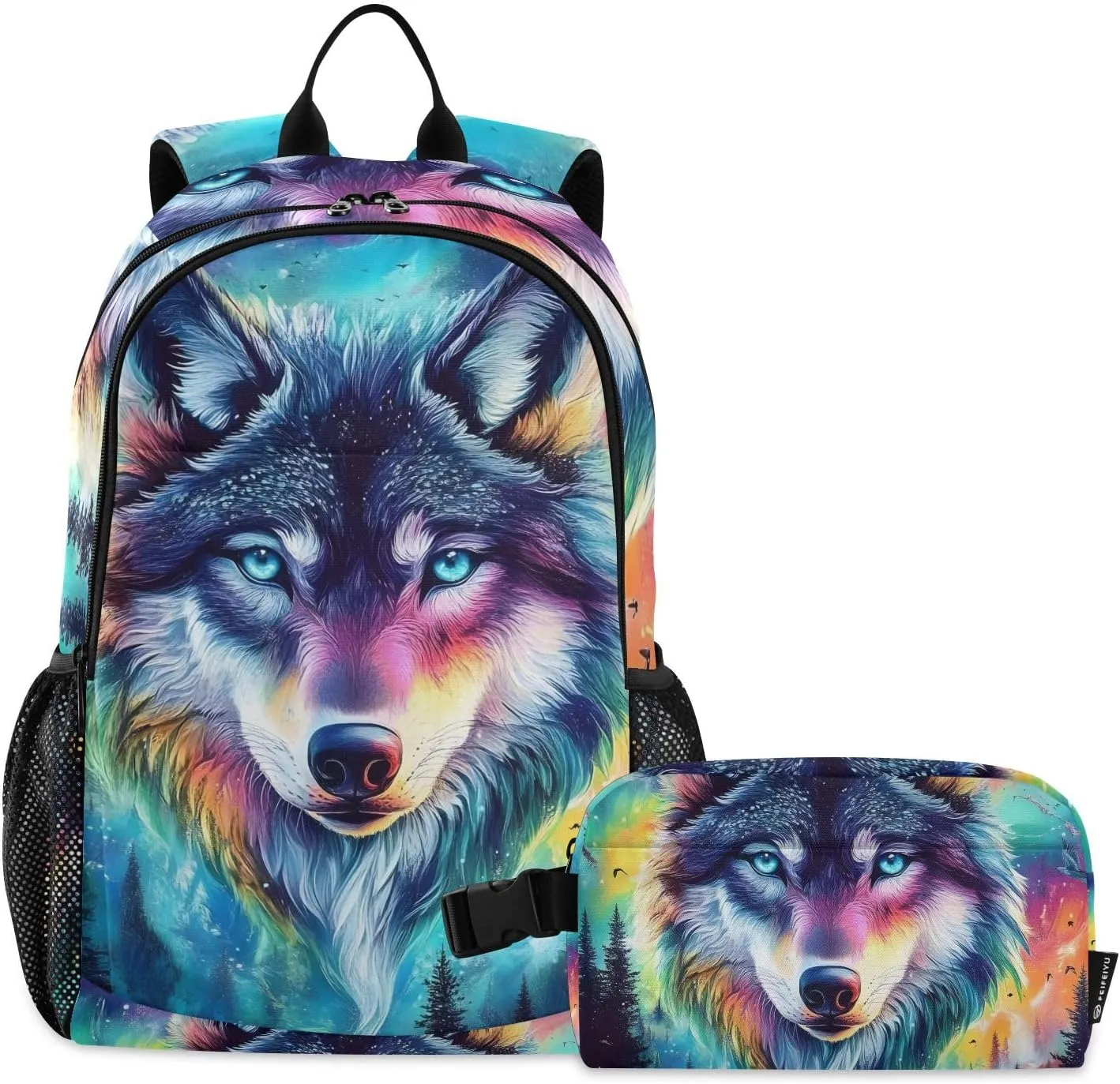 Wolf Galaxy Aurora Forest Backpack and Lunch Bag Set for Girls Boys Kids School Bag Bookbags Elementary Back Pack Casual Daypack