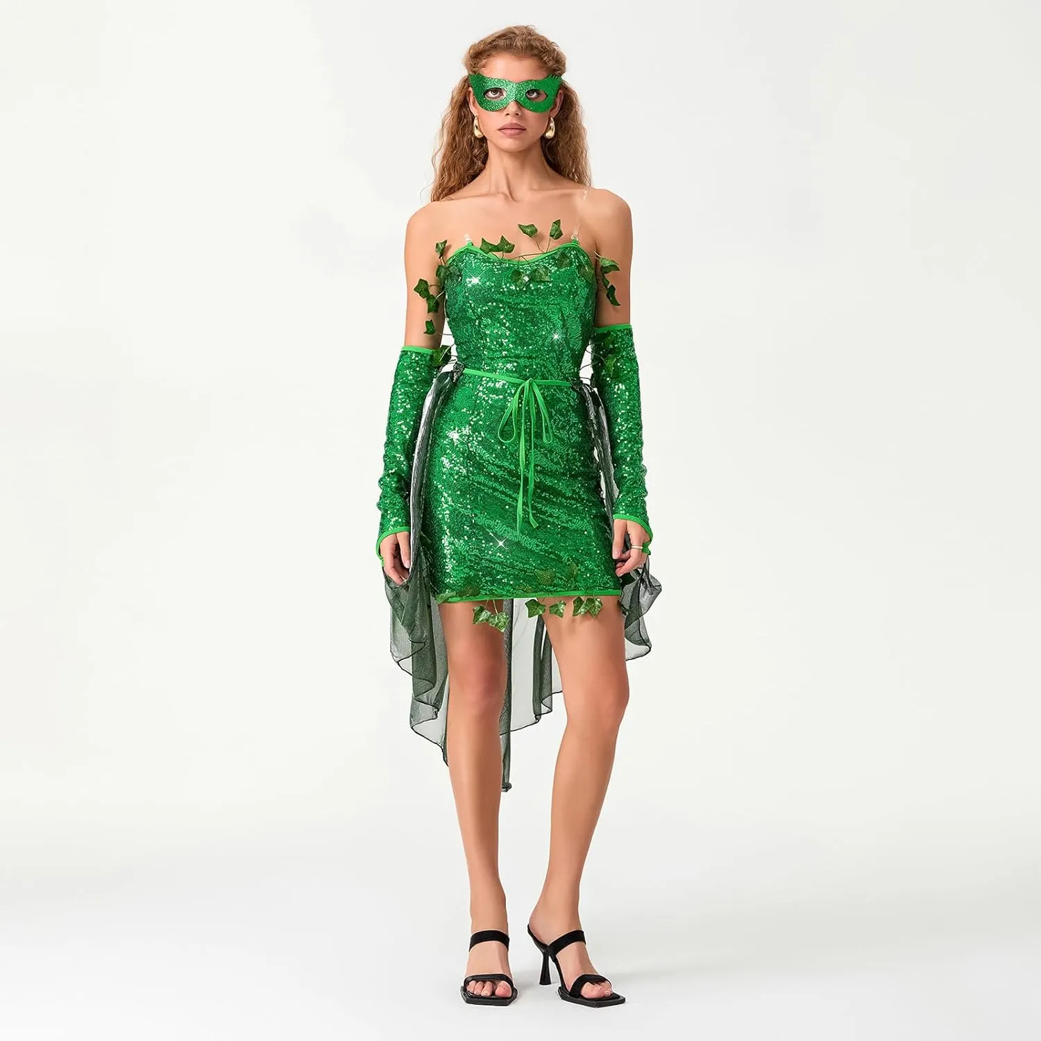 Women Halloween Leaf Ivy Cosplay Costume Deluxe Green Ivy Fake Leaves Sequin Dress Arm Sleeves Glasses Set