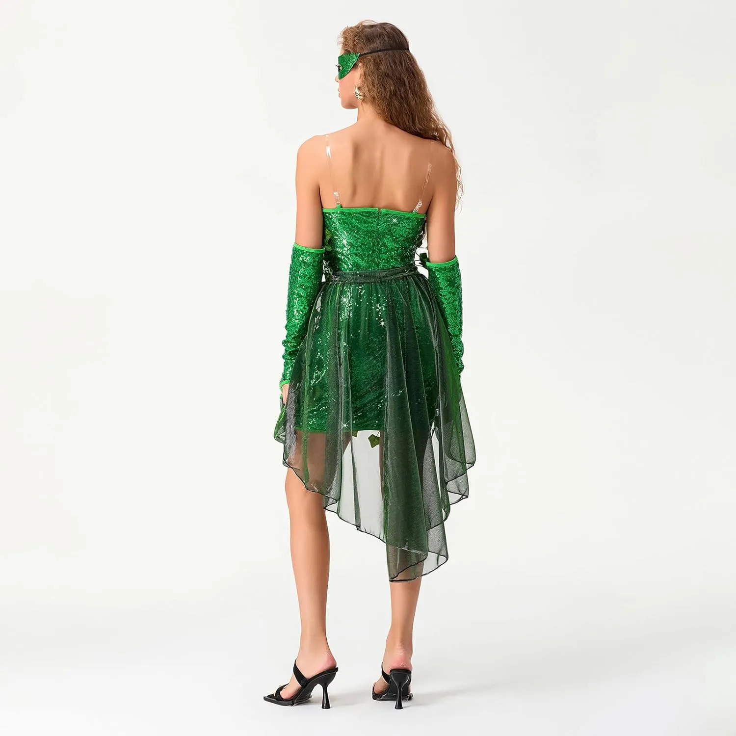 Women Halloween Leaf Ivy Cosplay Costume Deluxe Green Ivy Fake Leaves Sequin Dress Arm Sleeves Glasses Set