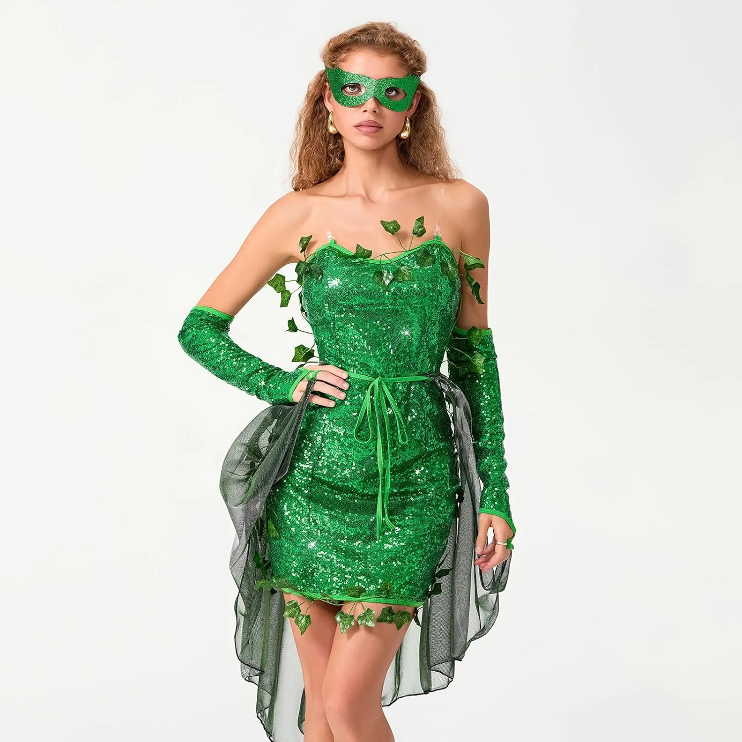 Women Halloween Leaf Ivy Cosplay Costume Deluxe Green Ivy Fake Leaves Sequin Dress Arm Sleeves Glasses Set
