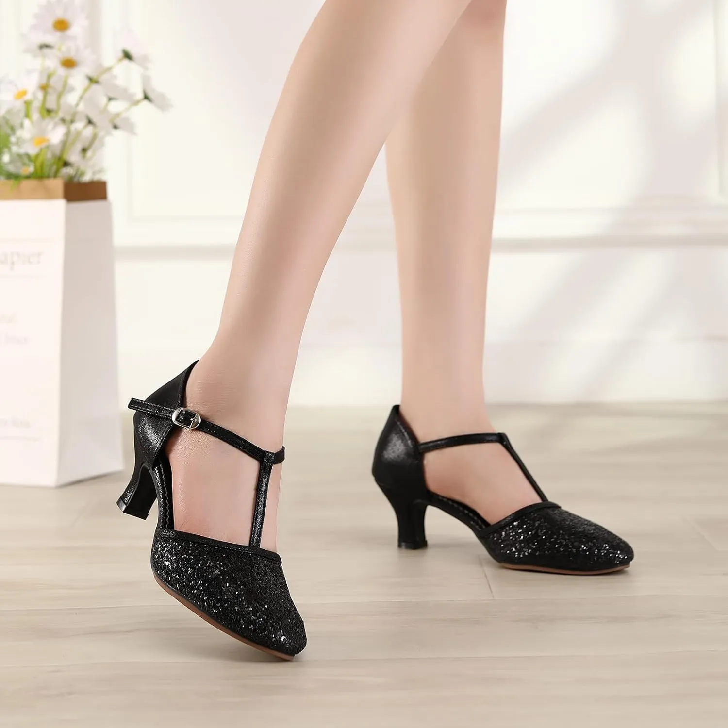 Women Latin Dance Shoes Sequin Closed Toe T-Strap Ballroom Salsa Tango Party Performance Dance Shoes,Model FT-135
