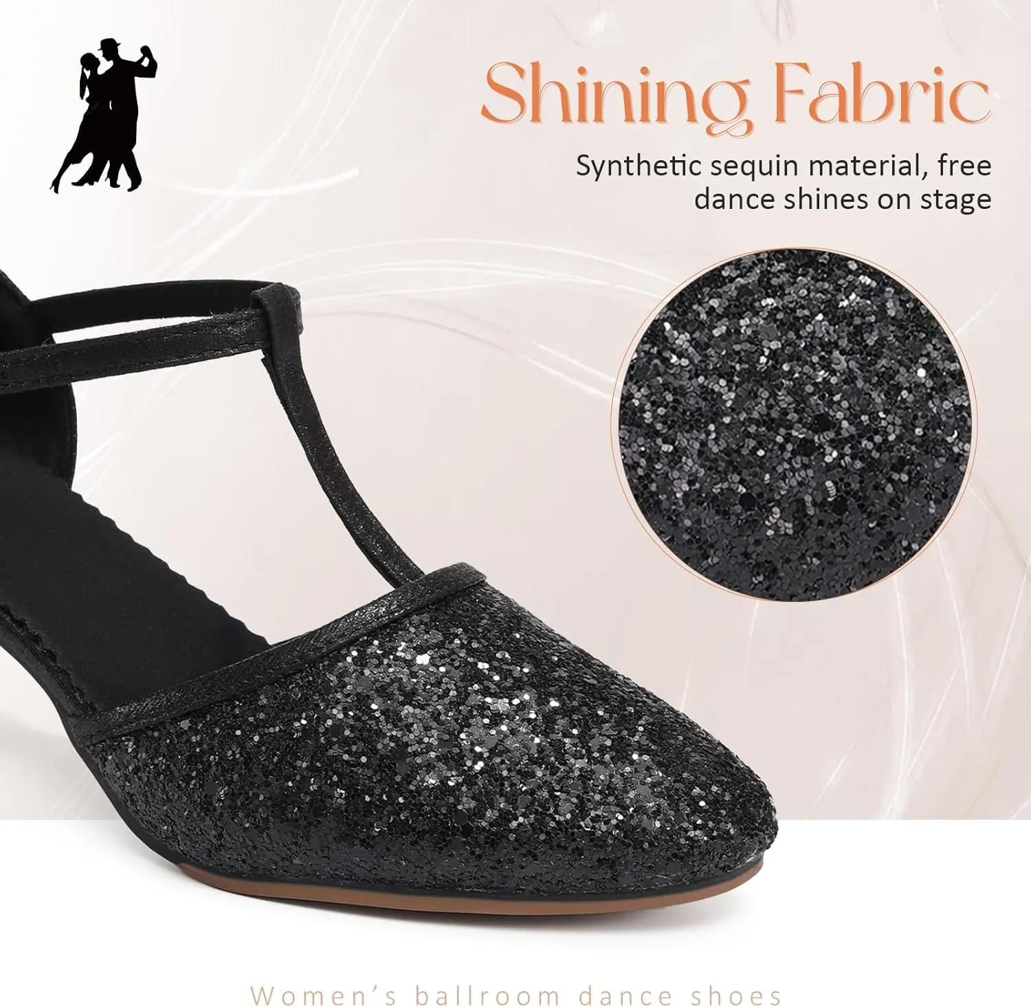 Women Latin Dance Shoes Sequin Closed Toe T-Strap Ballroom Salsa Tango Party Performance Dance Shoes,Model FT-135