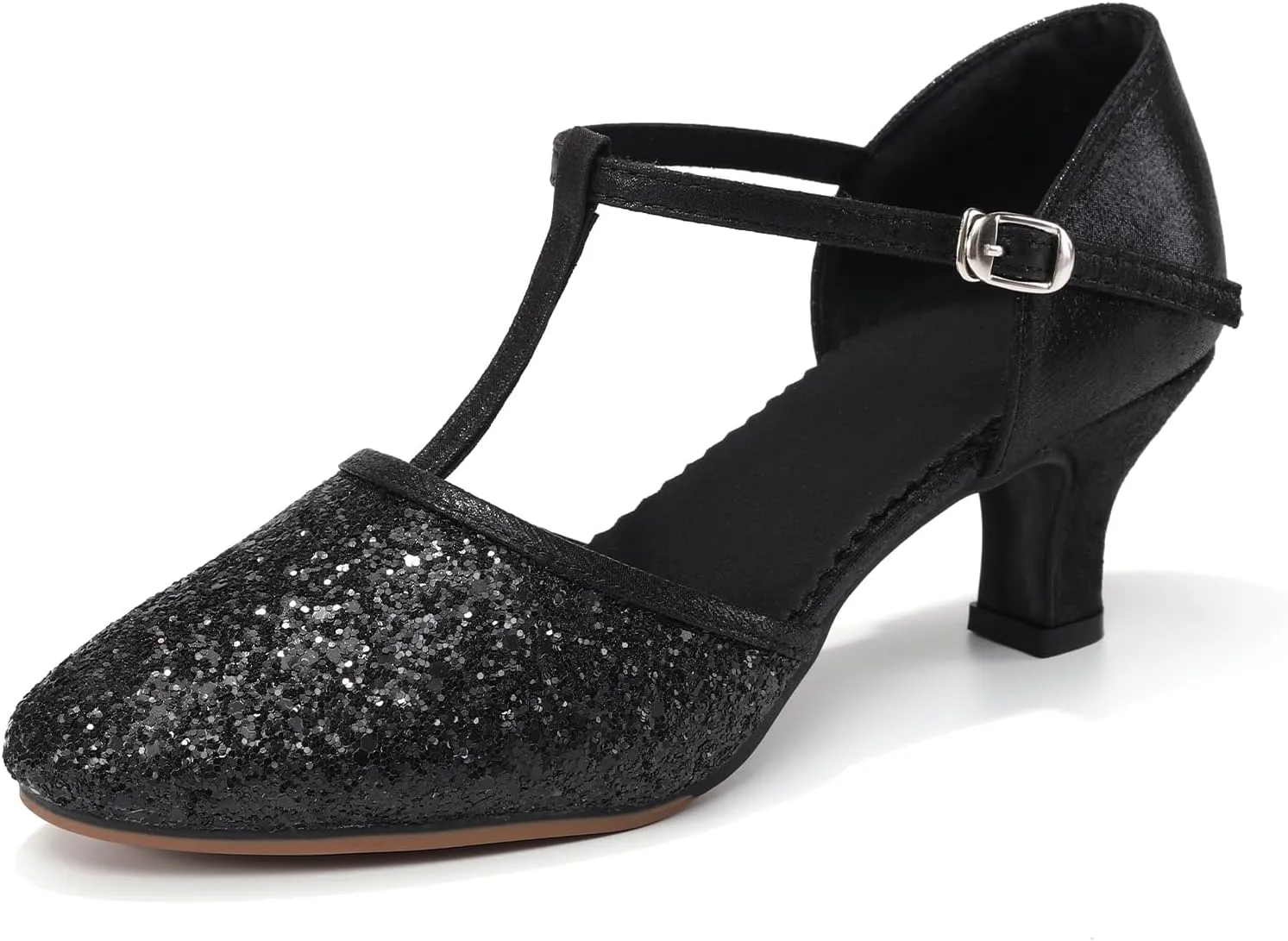 Women Latin Dance Shoes Sequin Closed Toe T-Strap Ballroom Salsa Tango Party Performance Dance Shoes,Model FT-135