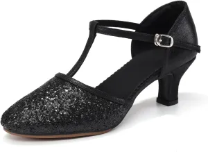 Women Latin Dance Shoes Sequin Closed Toe T-Strap Ballroom Salsa Tango Party Performance Dance Shoes,Model FT-135