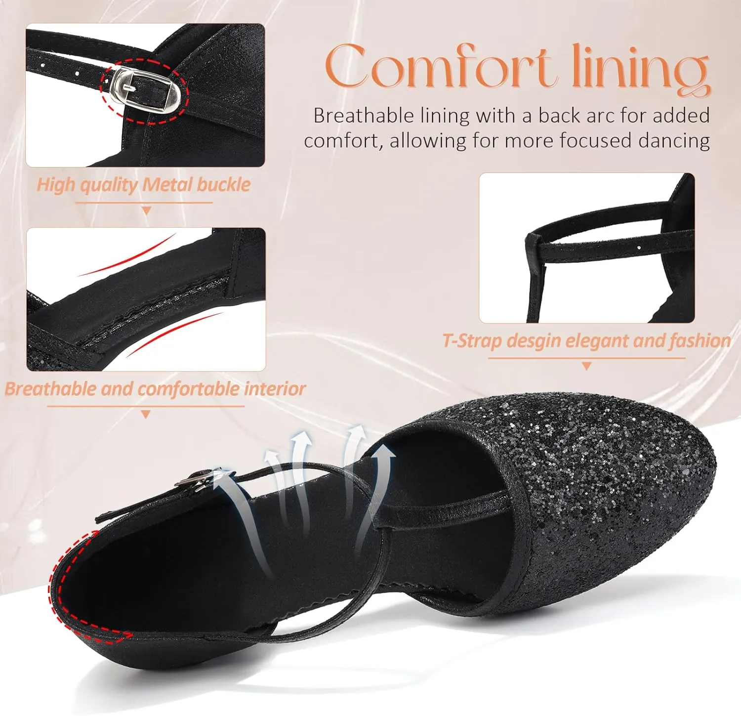 Women Latin Dance Shoes Sequin Closed Toe T-Strap Ballroom Salsa Tango Party Performance Dance Shoes,Model FT-135