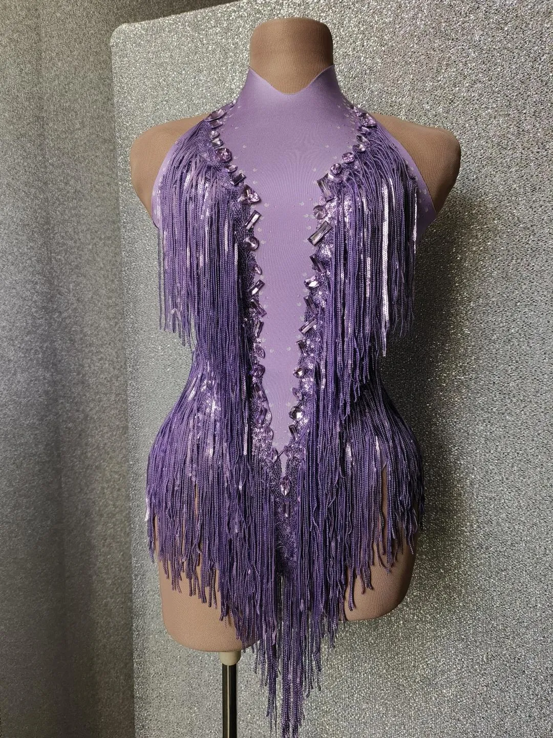 Women Nightclub Outfit Dance Costume One-piece Stage Wear Sexy Performance Clothing Sparkly Black Stones Sequins Fringes Leotard
