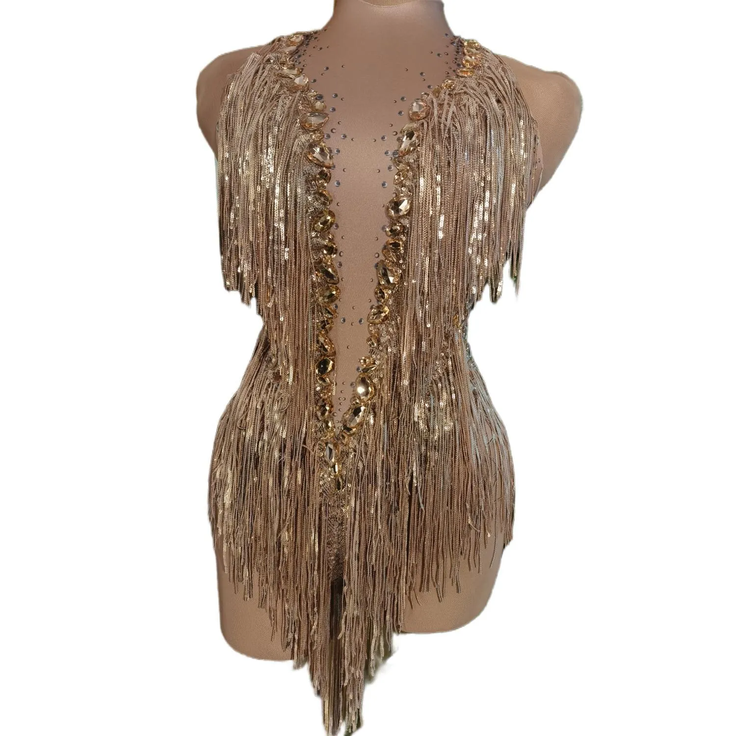 Women Nightclub Outfit Dance Costume One-piece Stage Wear Sexy Performance Clothing Sparkly Black Stones Sequins Fringes Leotard