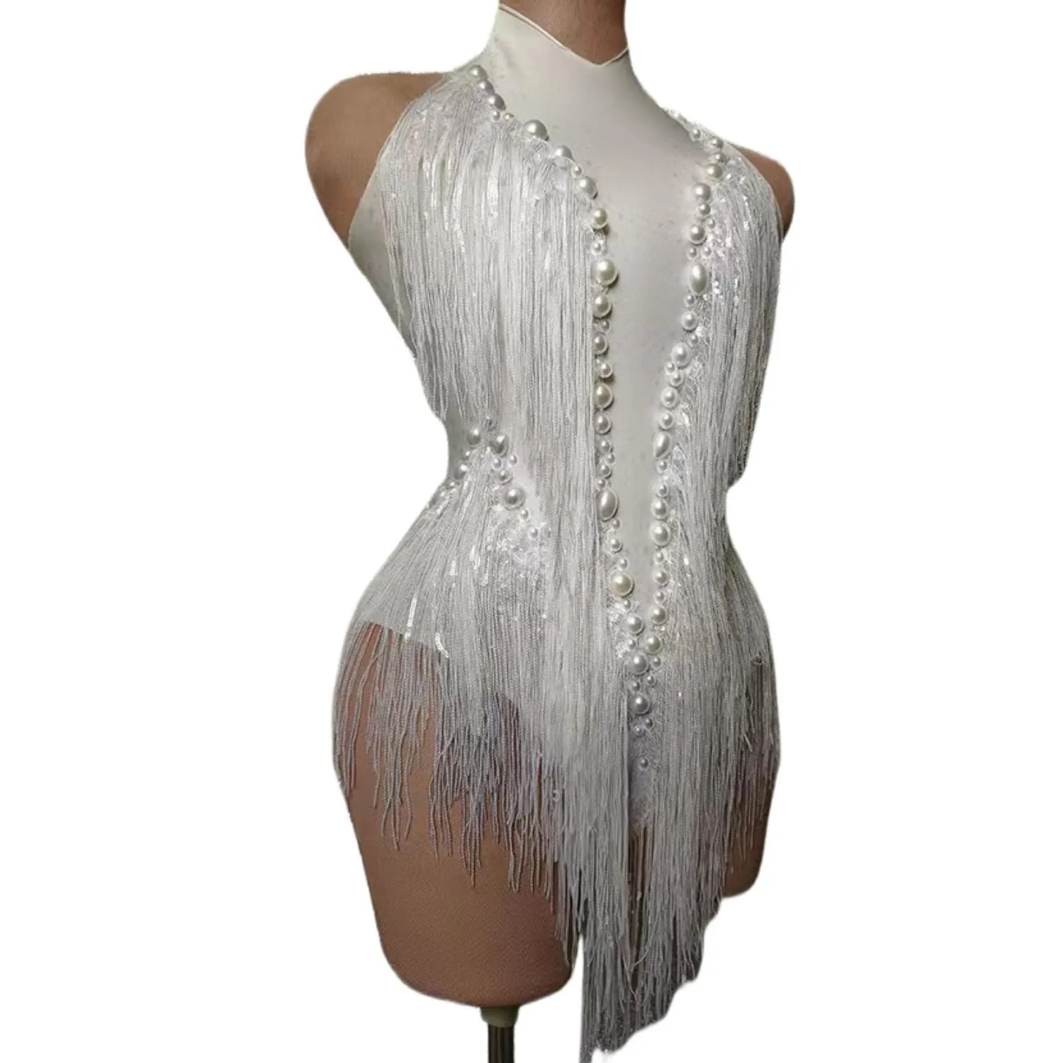Women Nightclub Outfit Dance Costume One-piece Stage Wear Sexy Performance Clothing Sparkly Black Stones Sequins Fringes Leotard