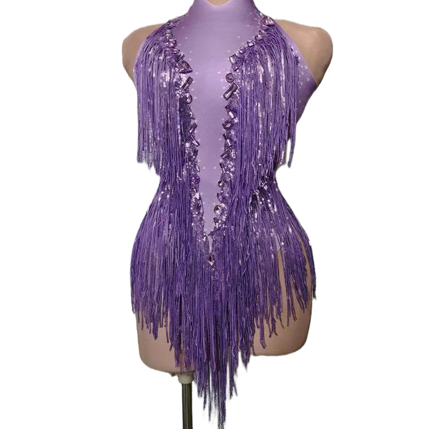 Women Nightclub Outfit Dance Costume One-piece Stage Wear Sexy Performance Clothing Sparkly Black Stones Sequins Fringes Leotard