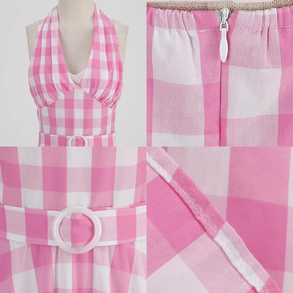 Women Vintage 1950s Retro Dress Spaghetti Strap Pink Gingham Swing Cocktail Party Dress Rockabilly A-line Midi Dress