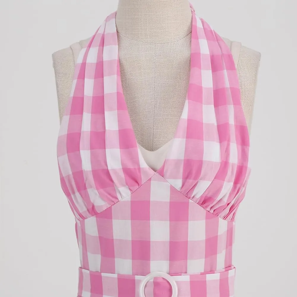 Women Vintage 1950s Retro Dress Spaghetti Strap Pink Gingham Swing Cocktail Party Dress Rockabilly A-line Midi Dress