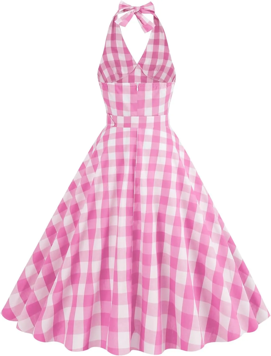 Women Vintage 1950s Retro Dress Spaghetti Strap Pink Gingham Swing Cocktail Party Dress Rockabilly A-line Midi Dress