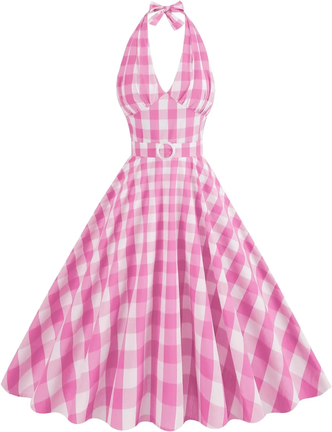 Women Vintage 1950s Retro Dress Spaghetti Strap Pink Gingham Swing Cocktail Party Dress Rockabilly A-line Midi Dress