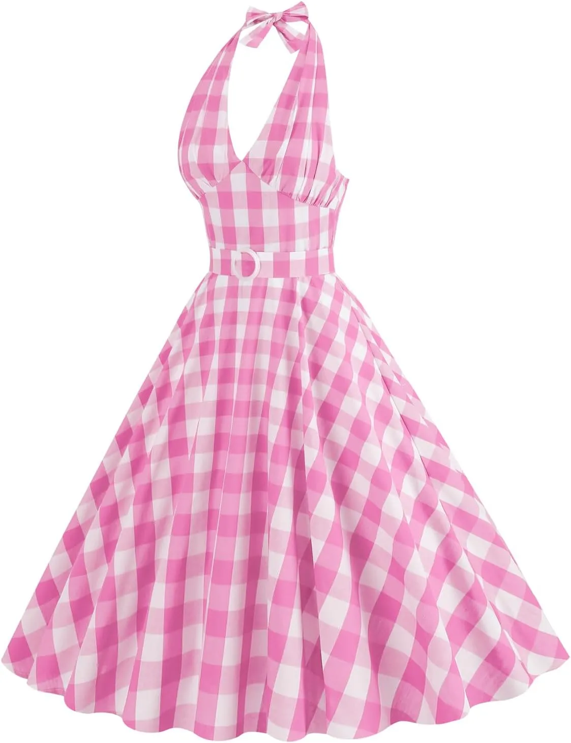 Women Vintage 1950s Retro Dress Spaghetti Strap Pink Gingham Swing Cocktail Party Dress Rockabilly A-line Midi Dress