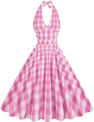 Women Vintage 1950s Retro Dress Spaghetti Strap Pink Gingham Swing Cocktail Party Dress Rockabilly A-line Midi Dress