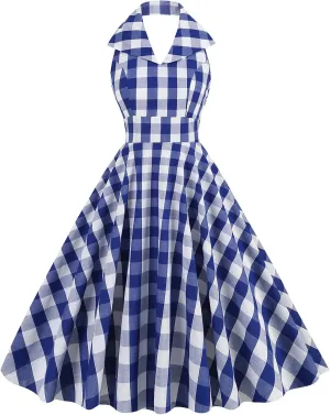 Women Vintage 1950s Retro Dress Spaghetti Strap Pink Gingham Swing Cocktail Party Dress Rockabilly A-line Midi Dress