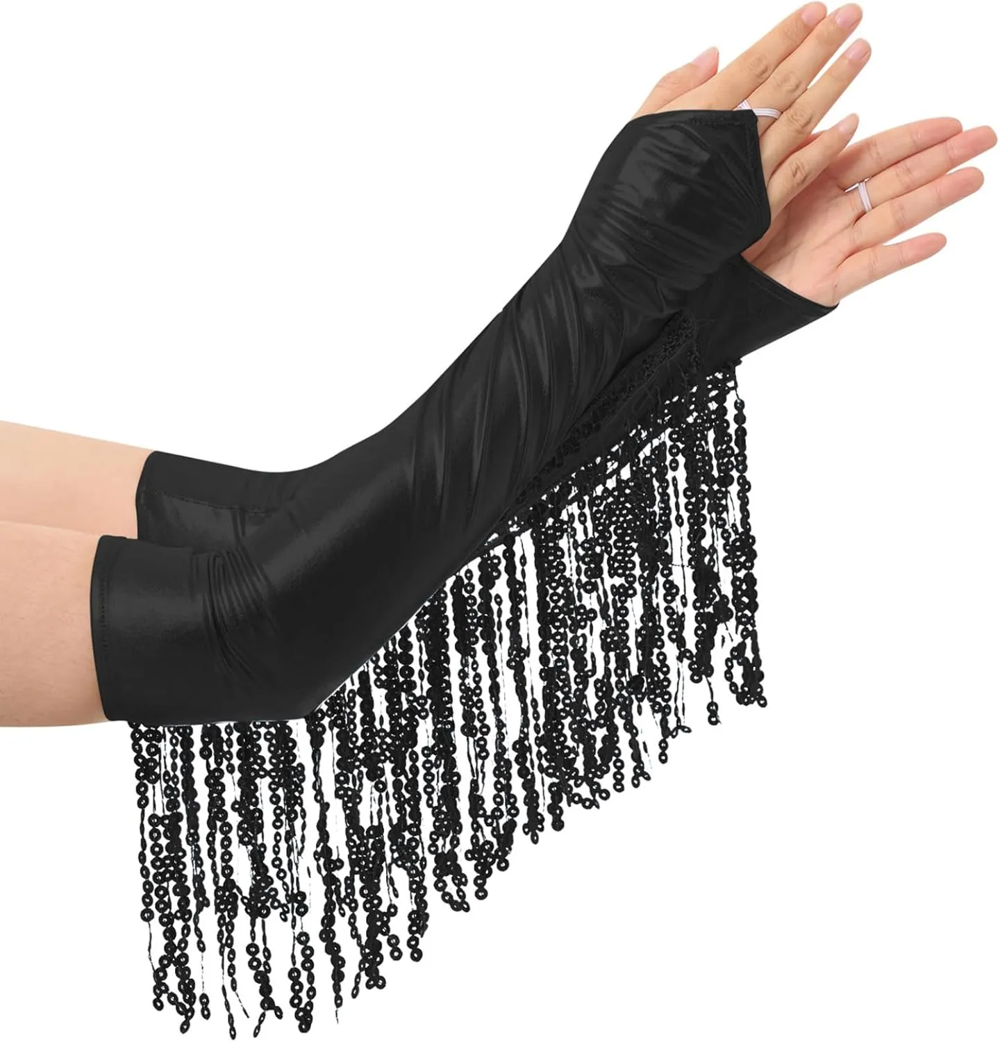 Women's 2 Piece Salsa Samba Latin Dance Costume Sequin Bodysuit Tops with Fringe Gloves