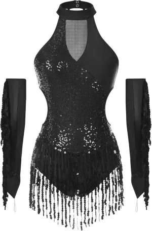 Women's 2 Piece Salsa Samba Latin Dance Costume Sequin Bodysuit Tops with Fringe Gloves