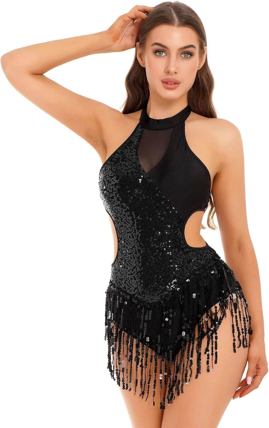 Women's 2 Piece Salsa Samba Latin Dance Costume Sequin Bodysuit Tops with Fringe Gloves