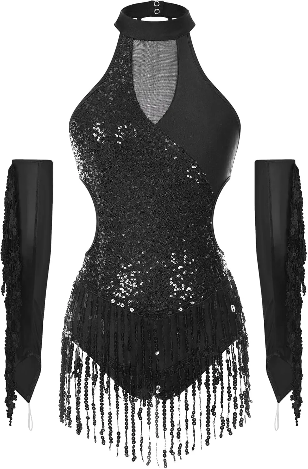 Women's 2 Piece Salsa Samba Latin Dance Costume Sequin Bodysuit Tops with Fringe Gloves