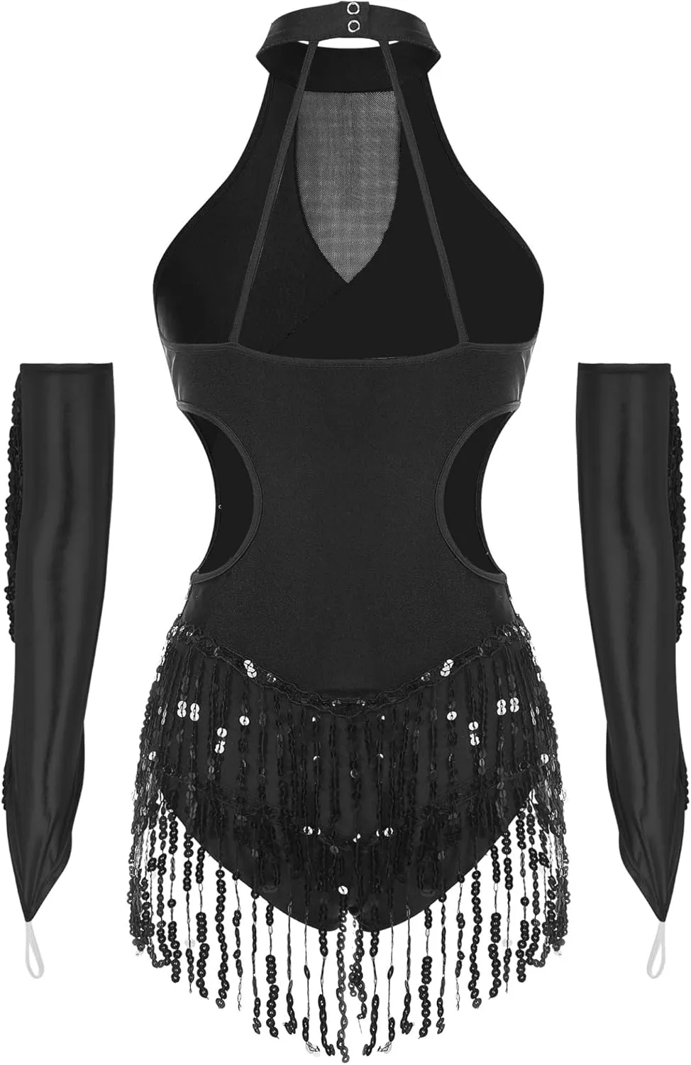 Women's 2 Piece Salsa Samba Latin Dance Costume Sequin Bodysuit Tops with Fringe Gloves