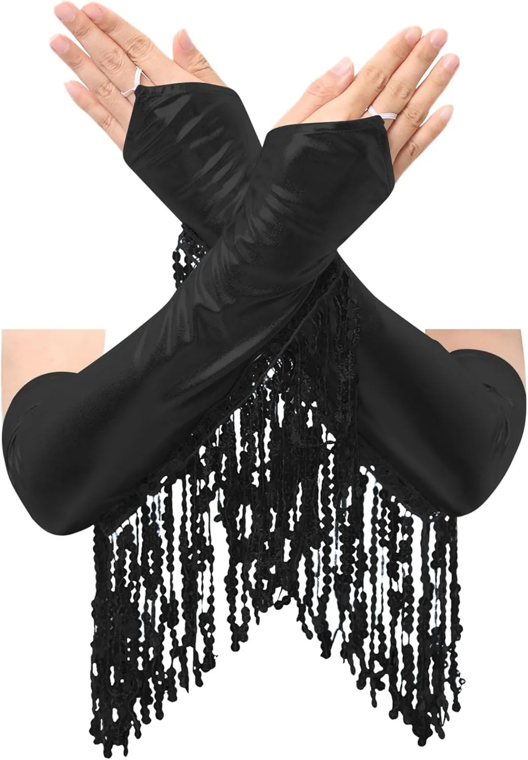 Women's 2 Piece Salsa Samba Latin Dance Costume Sequin Bodysuit Tops with Fringe Gloves