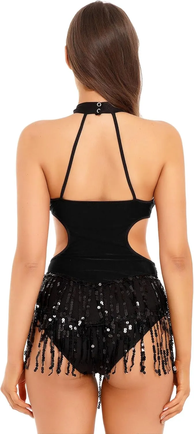 Women's 2 Piece Salsa Samba Latin Dance Costume Sequin Bodysuit Tops with Fringe Gloves