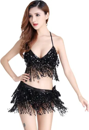 Women's Belly Dance Costume Bra Top with Chest & Hip Scarf with Fringe