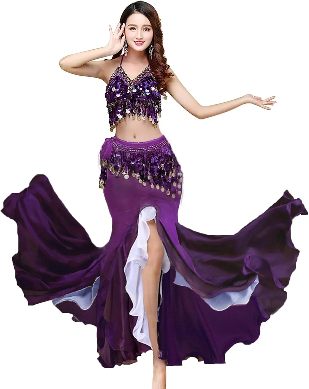 Women's Belly Dance Dress Belly Crop Top Bra Top and Belt Chiffon Dancing Split Skirt Costume 3-Piece Outfit