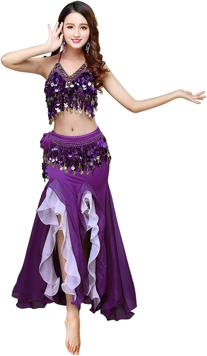 Women's Belly Dance Dress Belly Crop Top Bra Top and Belt Chiffon Dancing Split Skirt Costume 3-Piece Outfit