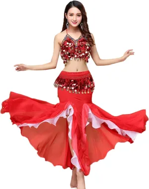 Women's Belly Dance Dress Belly Crop Top Bra Top and Belt Chiffon Dancing Split Skirt Costume 3-Piece Outfit