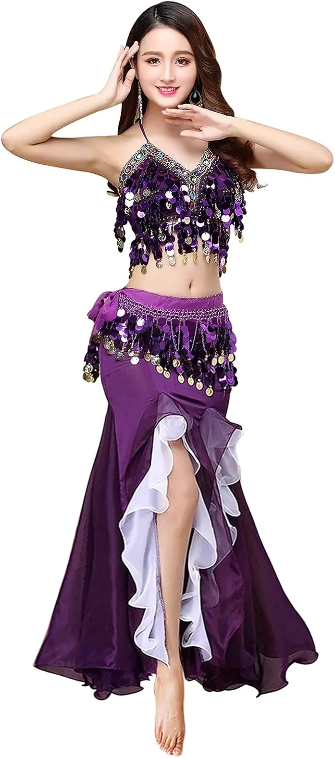 Women's Belly Dance Dress Belly Crop Top Bra Top and Belt Chiffon Dancing Split Skirt Costume 3-Piece Outfit