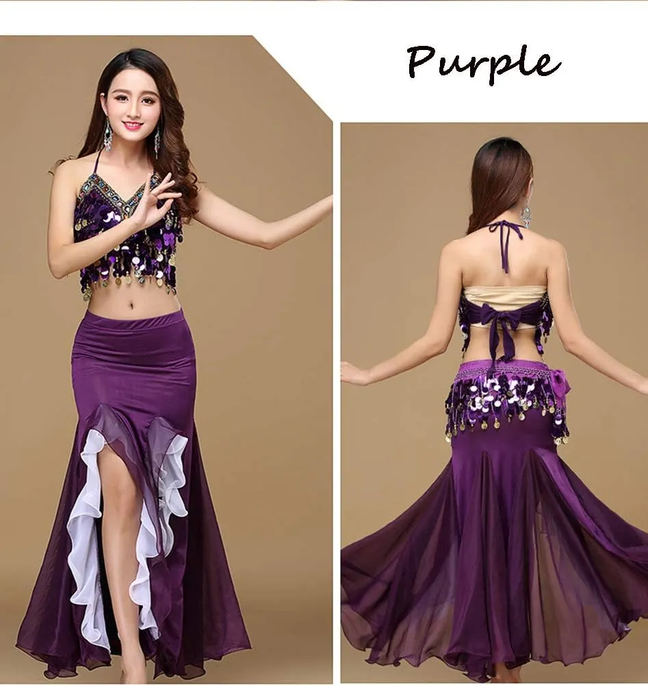 Women's Belly Dance Dress Belly Crop Top Bra Top and Belt Chiffon Dancing Split Skirt Costume 3-Piece Outfit