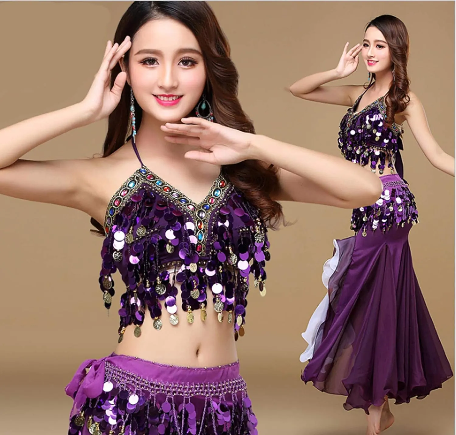 Women's Belly Dance Dress Belly Crop Top Bra Top and Belt Chiffon Dancing Split Skirt Costume 3-Piece Outfit