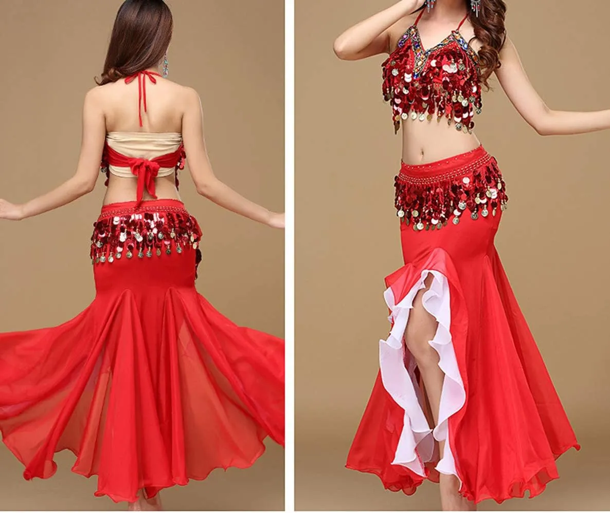 Women's Belly Dance Dress Belly Crop Top Bra Top and Belt Chiffon Dancing Split Skirt Costume 3-Piece Outfit