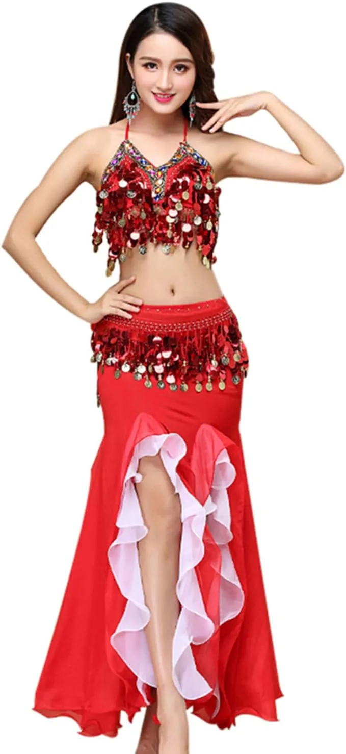 Women's Belly Dance Dress Belly Crop Top Bra Top and Belt Chiffon Dancing Split Skirt Costume 3-Piece Outfit